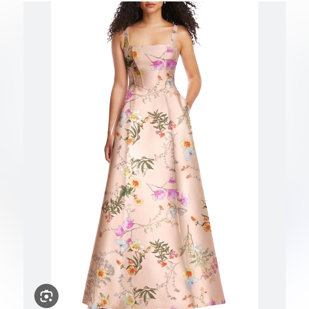 ALFRED SUNG Butterfly Botanical Corset Satin dress